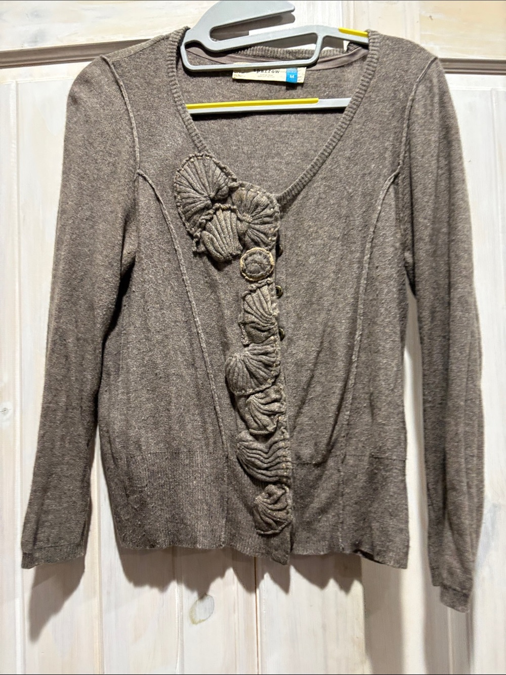 sparrow Taupe Decorative Rosette V‑Neck Cardigan